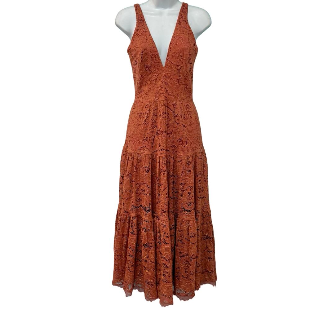 Dress the Population Burnt Orange Gold Lace Tiered V-Neck Midi Dress size S - Picture 3 of 16